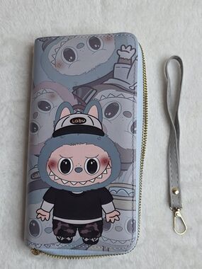 Camo Labubu Zip Wallet Wristlet - Light Blue